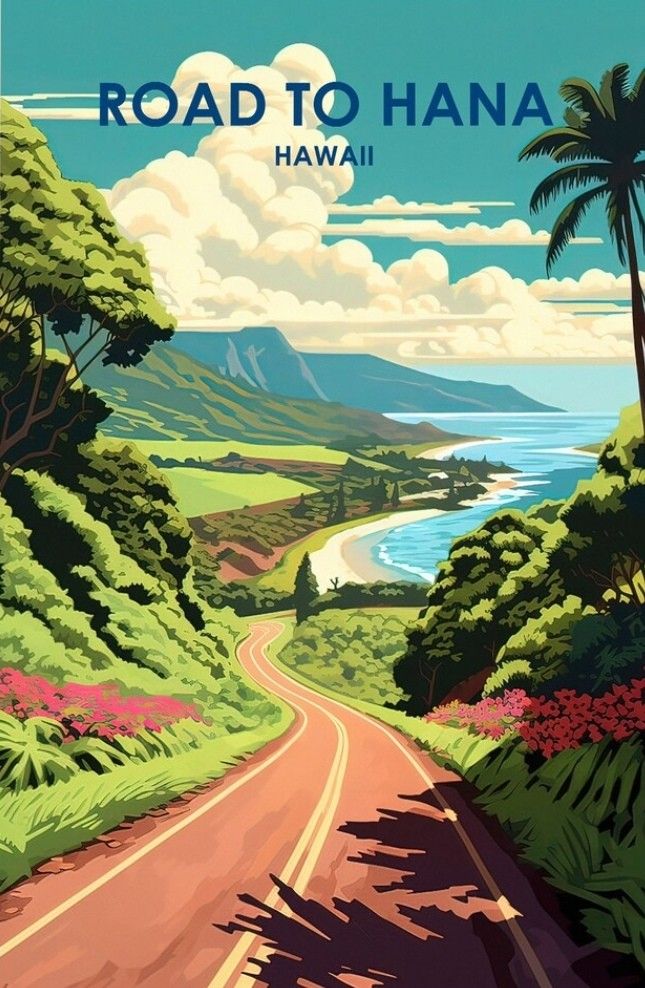 the road to hanaa is shown in this vintage style poster, which features palm trees and