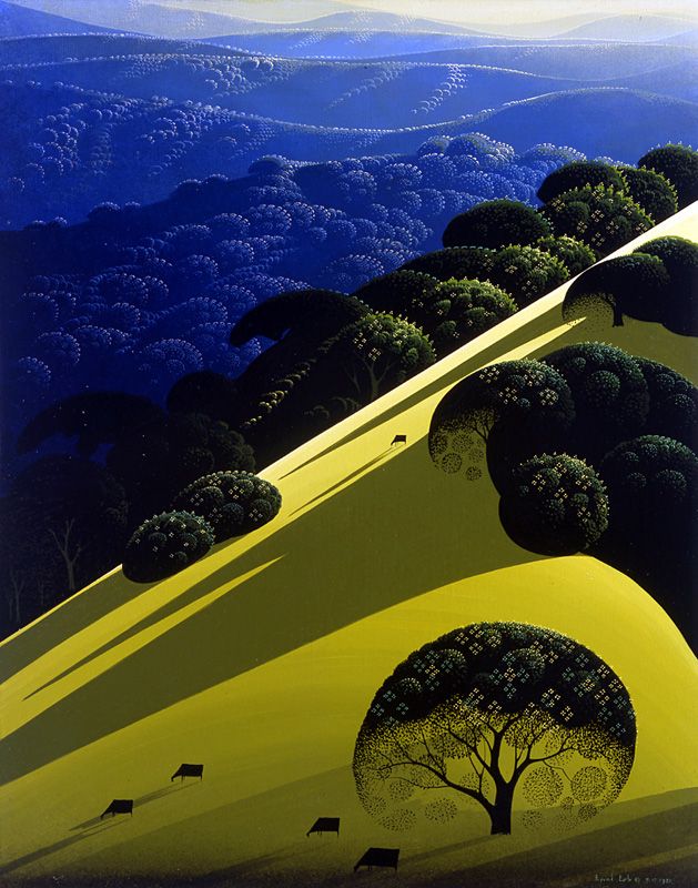 a painting of trees on a hill with hills in the background and blue sky above