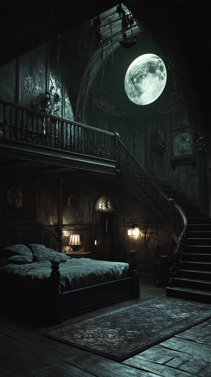 a bed sitting in the middle of a room under a full moon