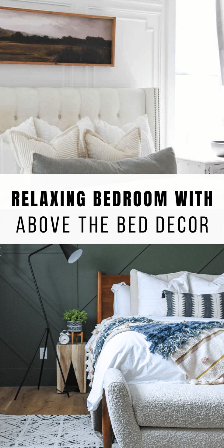 a bedroom with white bedding and pillows on top of it, the text relaxin'bedroom with above the bed decor