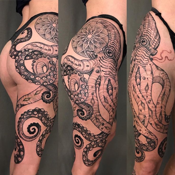 an octopus tattoo is shown on the thigh and leg, with intricate details in black ink