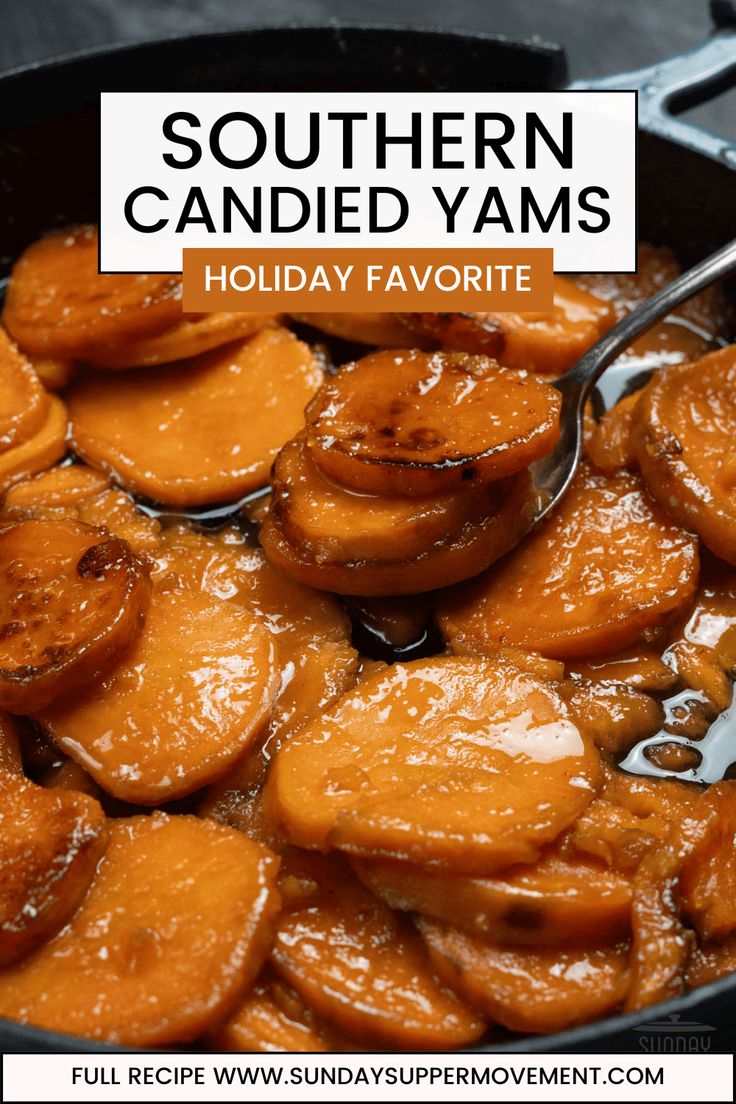 a pan filled with cooked sweet potatoes and caramel sauce for southern candied yams