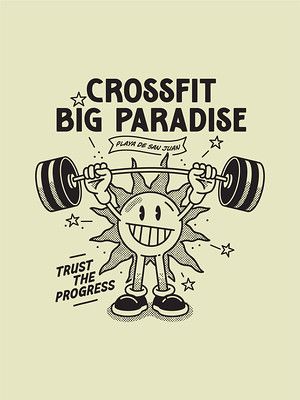 a black and white drawing of a cartoon character lifting a barbell with the words crossfit, big paradise