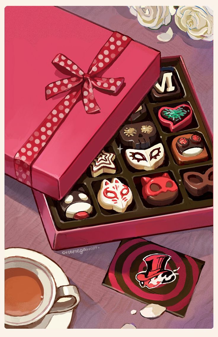 a pink box filled with lots of chocolates next to a cup and saucer