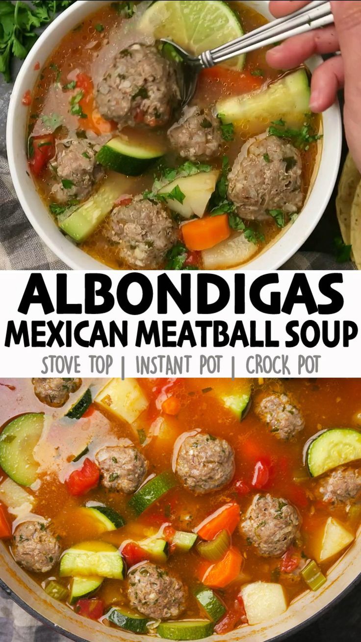 two pictures with meatball soup in them and the title above it reads, albondigas mexican meatball soup