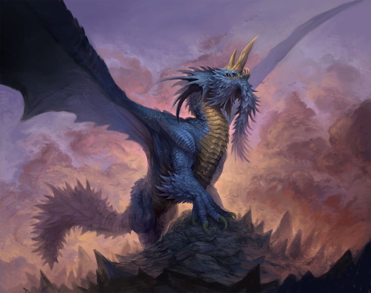 a blue dragon sitting on top of a rock in front of a purple cloudy sky