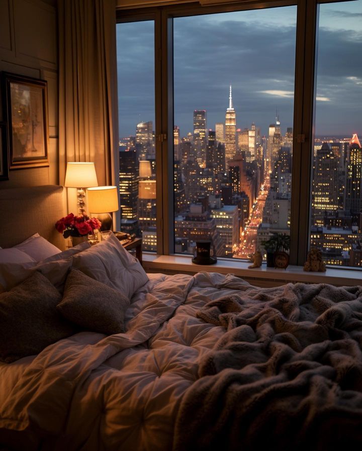 a bedroom with a view of the city at night