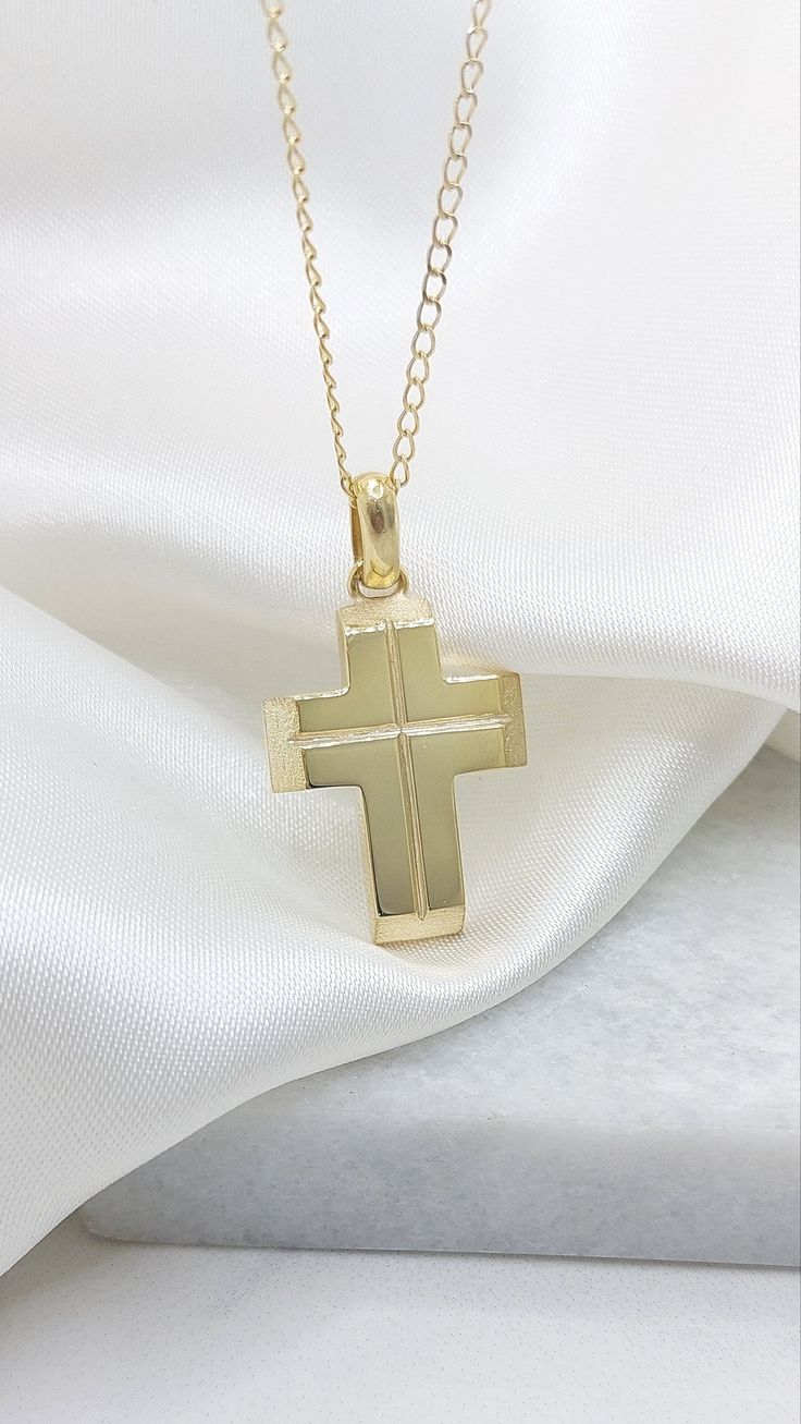 Greek Orthodox Solid 18k Baptism Gold Cross. An excellent handmade cross combines two techniques. Glossy flat surface with carved cross and matte broken corners A heavy solid Greece Gold Cross it can be the first jewelry for your little nowborn baby   A unique jewelry ideal for baptism cross - as well as a great gift for any occasion (birthday graduation engagement) Handmade in Greece in our laboratory in Sparta. -It can be personalized by engraning on the back side of the cross a name or a date- Details: Height39mm Width:20mm Weight:Approximately 10,5gr 14k - 11,5gr 18k Metal:14k Yellow Gold - 18k Yellow Gold Style:      Baptism Cross ❣️ For more  crosses take a look here      👉  https://www.etsy.com/shop/GiorgosJewelry?ref=seller-platform-mcnav&section_id=15859824 🎁 All of our jewelry Yellow Gold Cross Necklace For First Communion, Yellow Gold Cross Necklaces For Baptism, 14k Gold Crucifix Necklace For Baptism, Gold Cross Pendant Necklace For Baptism, Yellow Gold Cross Charms For Baptism, Classic Cross Necklace For Baptism, Classic Gold Jewelry For Baptism, Yellow Gold Cross For Baptism, Classic Yellow Gold Jewelry For Baptism