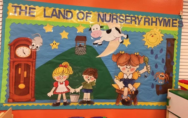 a bulletin board with children's artwork on it and the words the land of nursery h