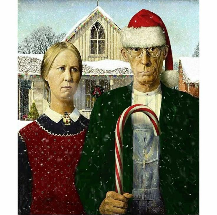 an old man and woman standing in front of a house with a candy cane on their hand