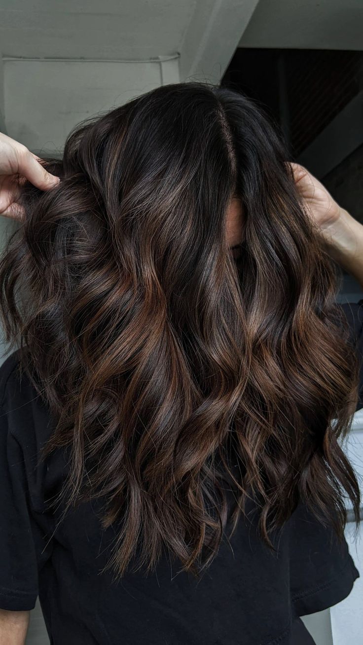 Very Dark Brown Hair Balayage, Dark Chocolate Brown Hair Highlights, Dark Brown Carmel Hair Subtle Highlights, Warm Dark Brown Hair With Dimension, Dimensional Brunette Medium Brown, Dark Chocolate Hair With Dimension, Mocha Brunette Balayage, Demintional Brunette, Dark Partial Balayage