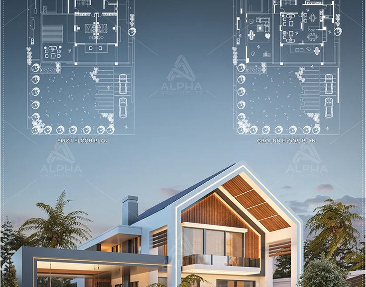 an architectural rendering of a house with plans and elevation details on the front, top and bottom