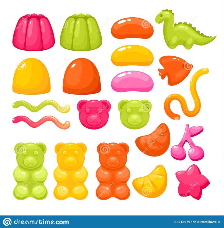 a variety of gummy bears and hats on a white background with clippings