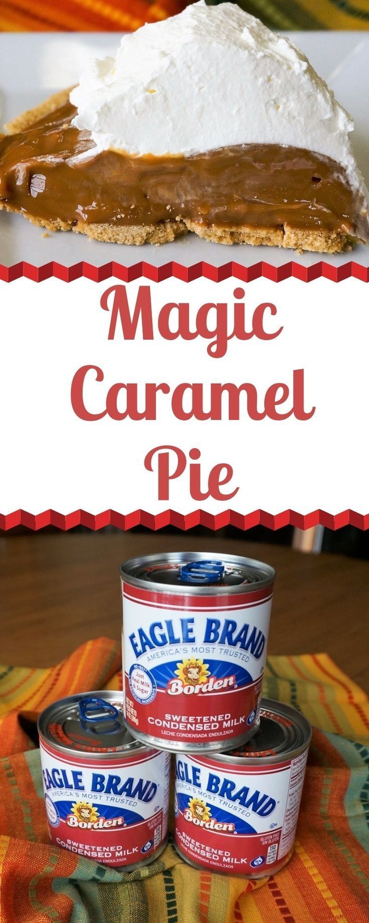 three cans of magic caramel pie sitting on top of a table with the title above it