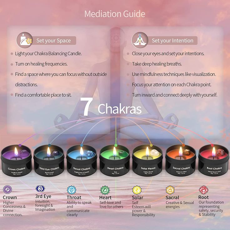 the 7 chakras meditation guide is shown with seven different candles in each one