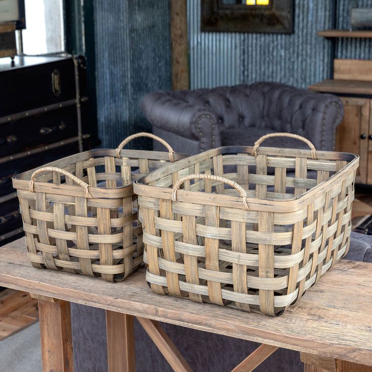 Tobacco Storage Baskets, Set of 2 Wall Basket Storage, Painted Fox Home, Baskets For Shelves, Metal Baskets, Wood Display, Natural Wood Finish, Antique Farmhouse, Farmhouse Style Decorating, Basket Sets