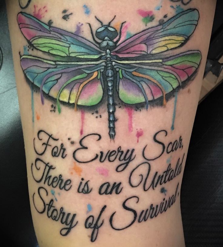 a dragonfly tattoo with the words for every scar, there is an unto story of survival