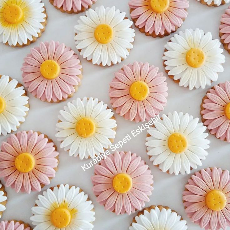 pink and white cookies with yellow centers are arranged on a sheet of wax paper in the shape of daisies