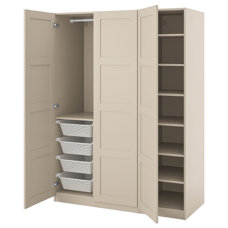 an open closet with several bins and shelves on each side, including two baskets