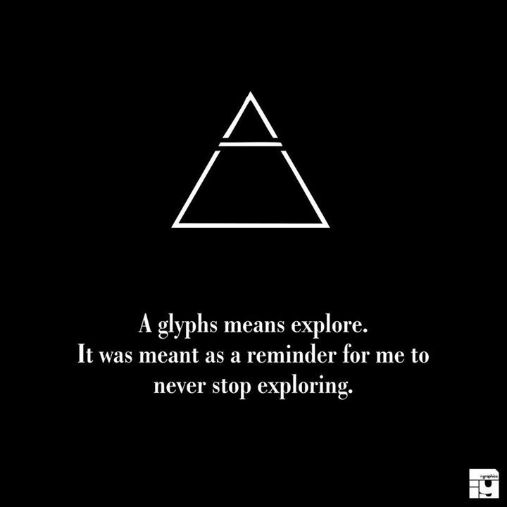 a black and white poster with an image of a triangle in the middle that says glyphs means explore it was meant as a reminder for me to never stop exploring