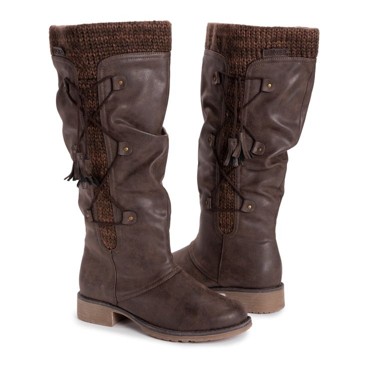 Show off your style in LUKEES by MUK LUKS® Women's Bianca Beverly Boots. With sweet knit accents and rope detail, these knee-high boots will keep feet comfortable all day with memory foam insoles.Wipe with a damp cloth to clean, no bleach, lay flat to dry. Imported.-Indoor/Outdoor Sole-100% Polyester Faux Fur Insole-100% Polyurethane Upper-100% Acrylic Knit-100% Polyester Faux Fur Lining-1.30” Block Heel-Water Resistant-Multiple color options available-Women’s Whole Sizes 6-11 Muk Luks Boots, Chelsea Rain Boots, Western Ankle Boots, Trending Boots, Buckle Boots, Round Toe Heels, Calf Boots, Brown Boots, Western Boots