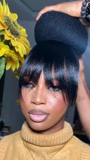 Fringe Ponytail Black Women, Fringe Bun Hairstyles, High Fashion Ponytail, Fringe Ponytail Hairstyles, Ponytail With Fringe, Ponytail For Wedding, Braids With Fringe, Diy Buns, Fringe Wig