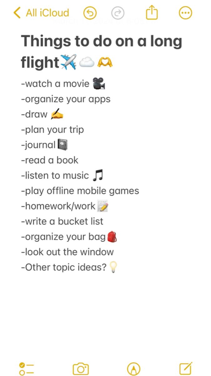an iphone screen with the text things to do on a long flight and other words