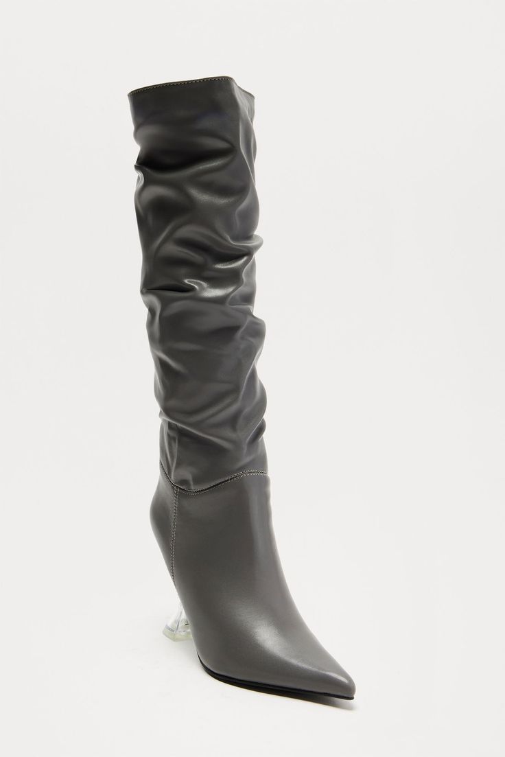 Available In Grey And Black. Knee High Heeled Boots Pointed Toe 4" Ultra High Heel Clear Novelty Heel Imported | Cyrus Knee High Boots in Grey size 11 by Fashion Nova High Heeled Boots, Knee High Heels, Halloween Top, High Heel Boots Knee, Sweater Jumpsuit, Heel Boots, High Heel Boots, Grey Fashion, Knee High Boots