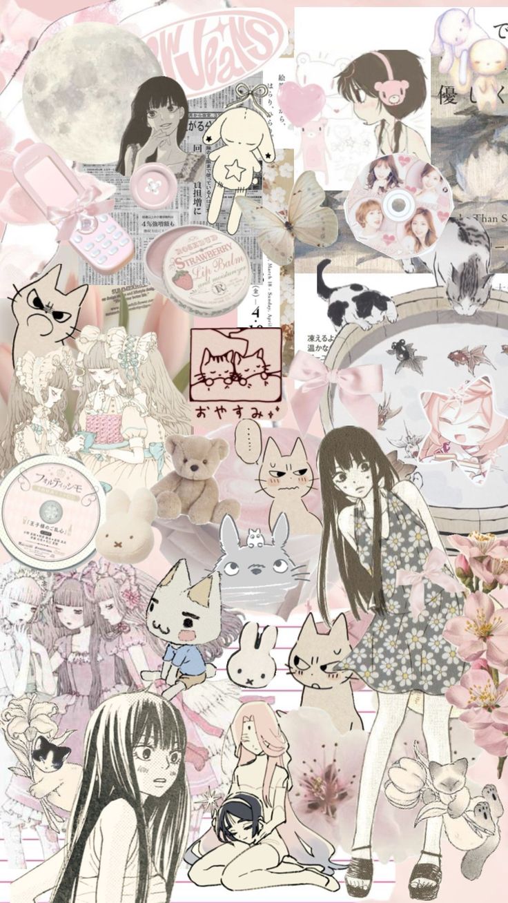 a collage of anime characters with pink and black hair, cats, and flowers