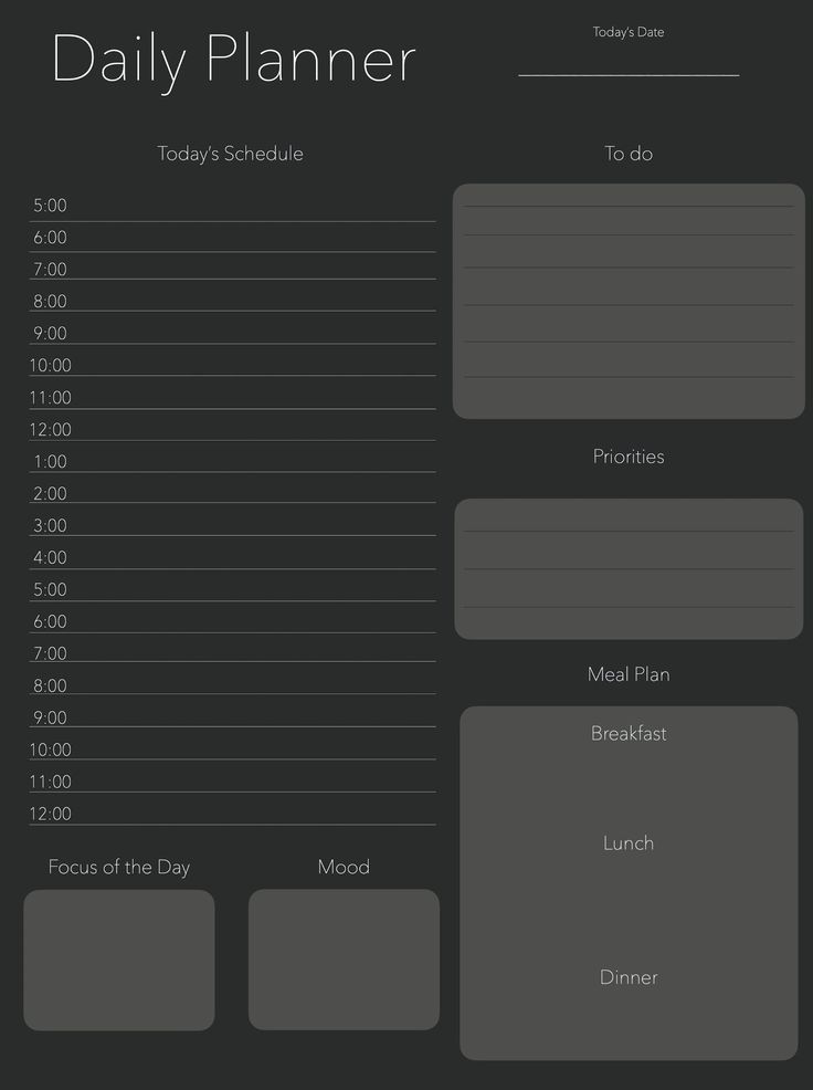 the daily planner is shown in black and grey colors, with text that reads daily planner