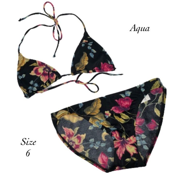 Aqua Black Floral Flower Triangle Bikini Top And Bottom Set Nwt Size 6 $84. *Color May Vary Due To Lighting. *Pet Friendly Home. D1-M78 Fitted Floral Print Swimwear For Vacation, Black Floral Swimwear For Vacation, Black Floral Print Swimwear For Vacation, Adjustable Floral Print Swimwear, Fitted Floral Print Swimwear With Triangle Top, Fitted Floral Print Triangle Top Swimwear, Pink Beachwear, Top And Bottom Set, Floral Flower