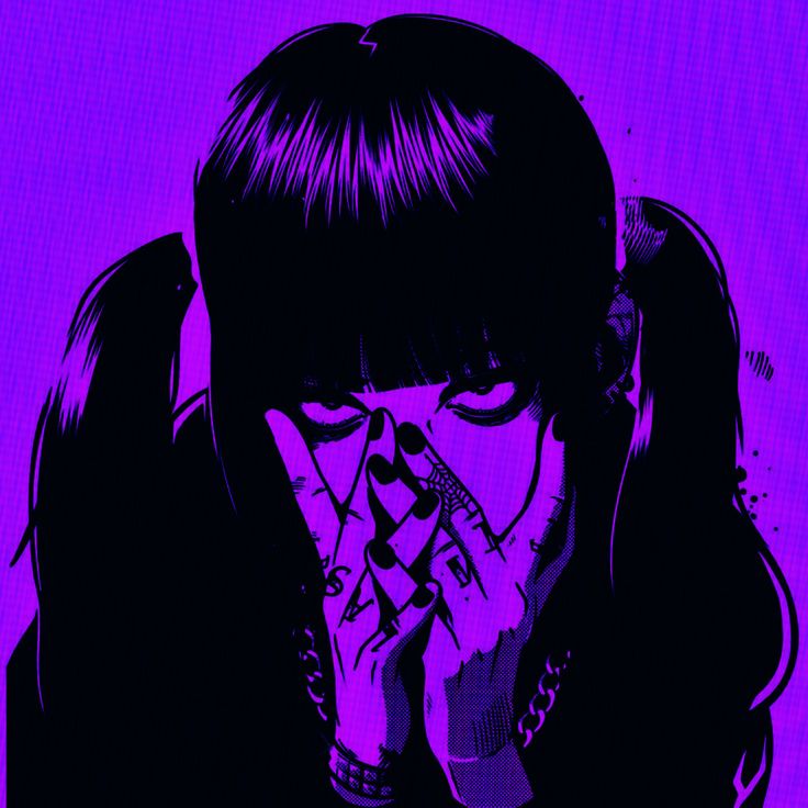 a woman with long hair covering her face and holding her hand to her mouth, in front of a purple background