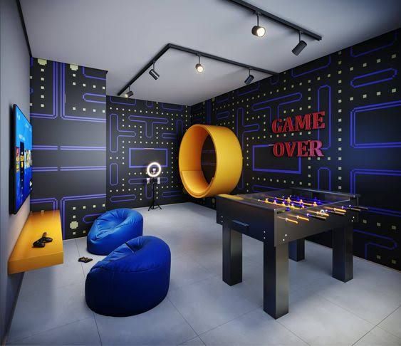 a game room with blue and yellow furniture