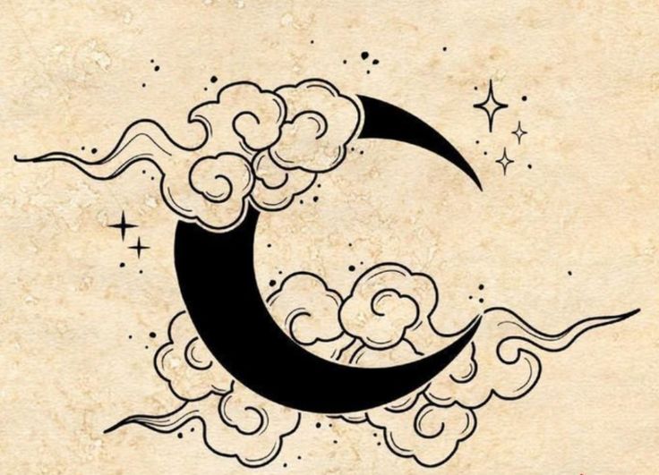 a crescent moon with clouds and stars in the sky