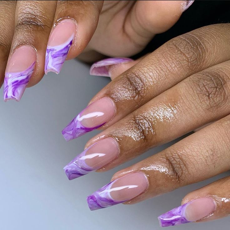 Light Purple Nail Ideas, Marble French Tip Nails, Purple Marble Nails, Dope Nail Designs Purple, Marble Acrylic Nails, Light Purple Nails, Purple Ombre Nails, Purple Tips, Marble Nail Designs