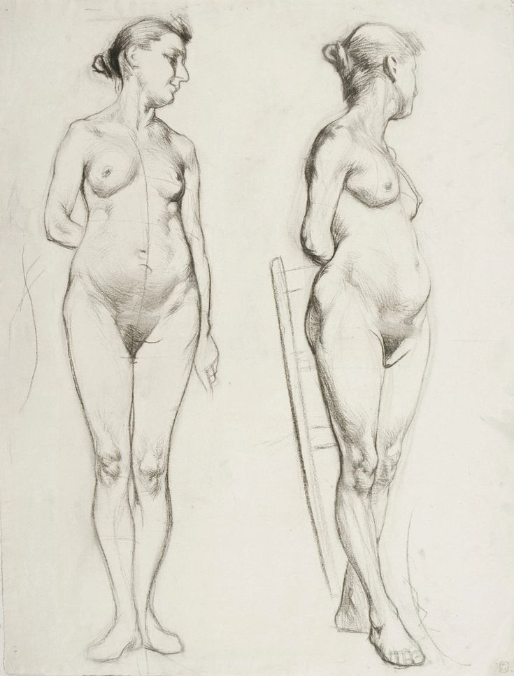 two nude women standing next to each other in front of a white background, one holding a baseball bat