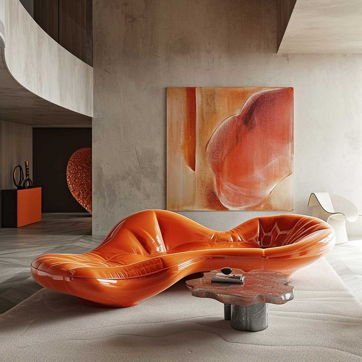 an orange chair sitting in the middle of a room next to a painting on the wall