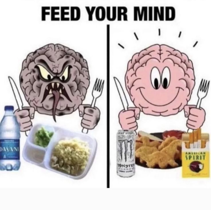 two pictures with the same person eating food and drinking water, one has a brain on it