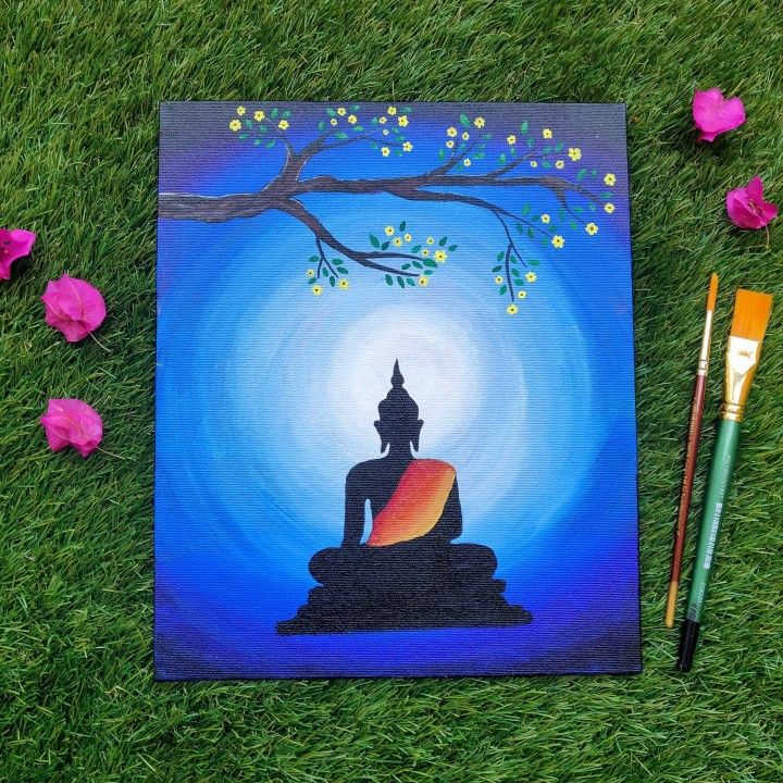 an acrylic painting of a buddha sitting on top of a rock in the grass