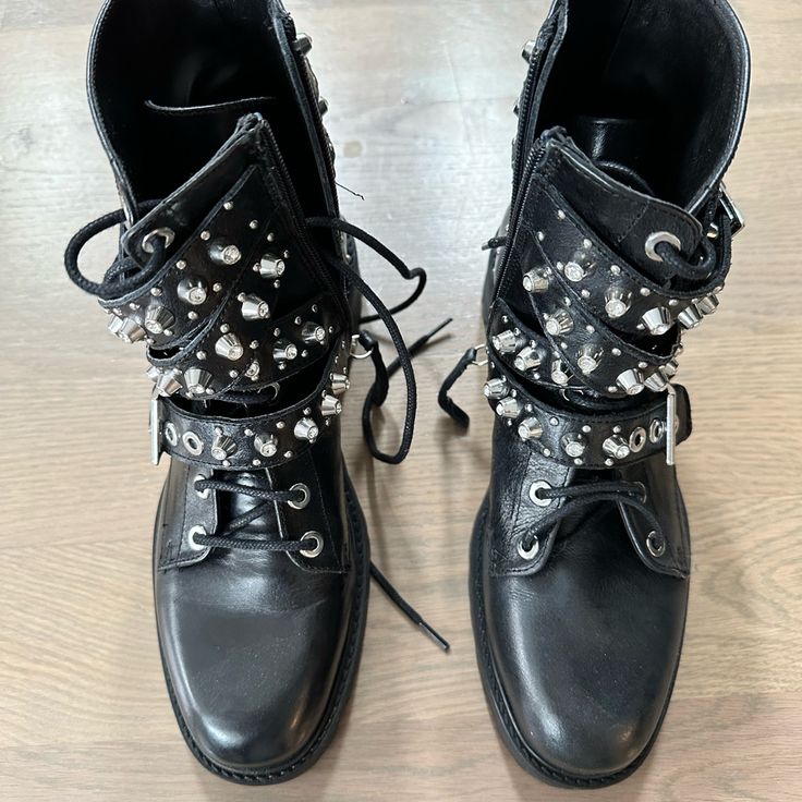 Brand New Never Worn Zara Combat Boots With Spikes Detail Punk Evening Boots With Round Toe, Punk Style Evening Boots With Round Toe, Party Boots With Buckle Closure And Flat Heel, Embellished Round Toe Boots For Fall, Fall Embellished Round Toe Boots, Black Embellished Boots With Round Toe, Leather Embellished Round Toe Boots, Leather Embellished Boots With Round Toe, Embellished Round Toe Leather Boots