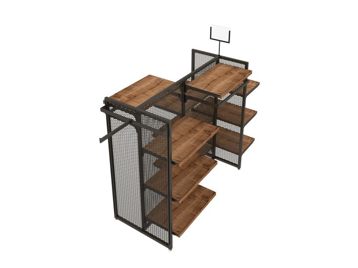 three shelves with wooden flooring and metal mesh dividers on each side, in the shape of a birdcage