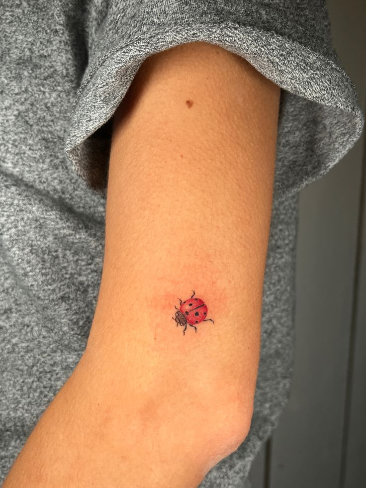 a ladybug tattoo on the arm of a woman's left arm and shoulder