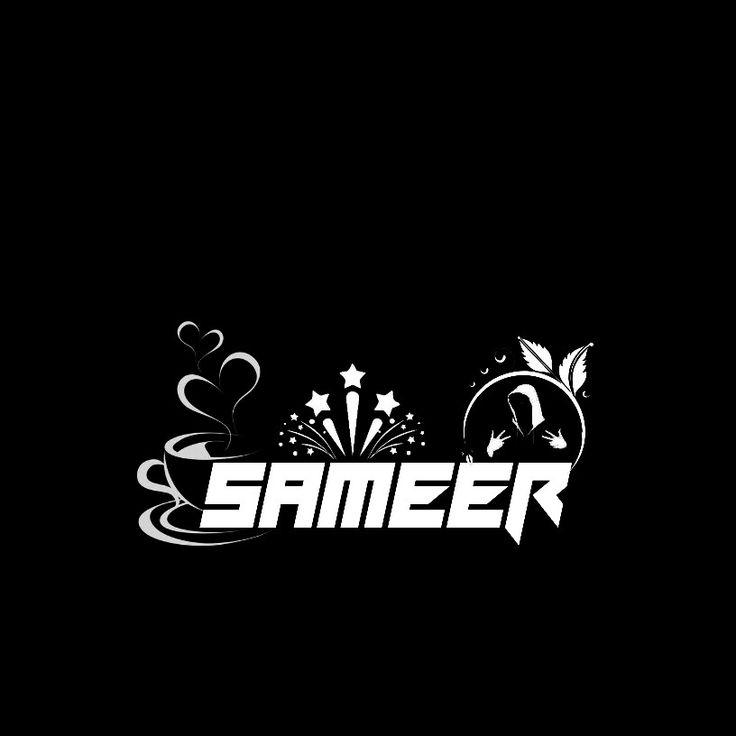 the name sameet is written in white on a black background with hearts and flowers