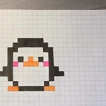 an image of a penguin made out of colored pencils on white paper with black and orange squares