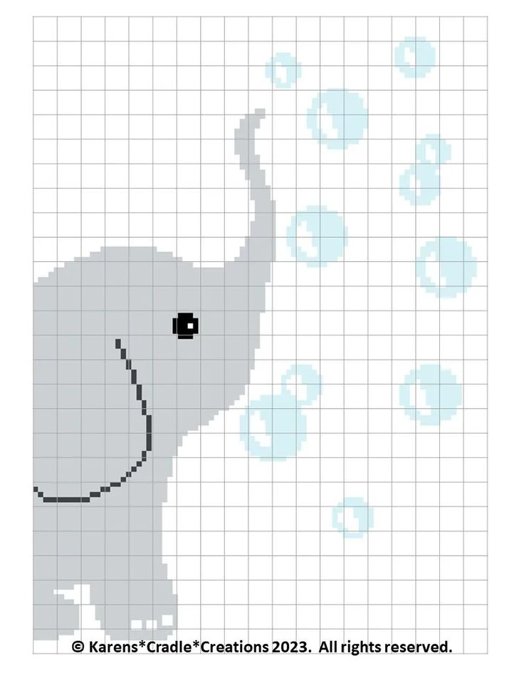 an elephant cross stitch pattern in grey and blue with black dots on the back ground