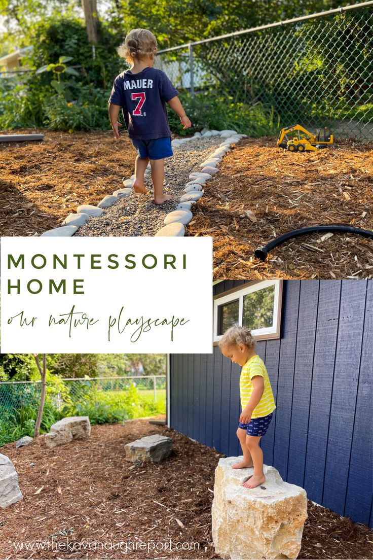 two children playing in the yard with text overlay that says montessoi home