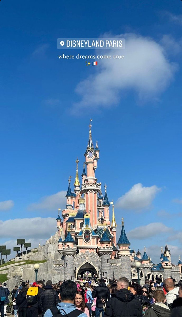 people are standing in front of the castle at disneyland paris, where it is named after sleeping beauty