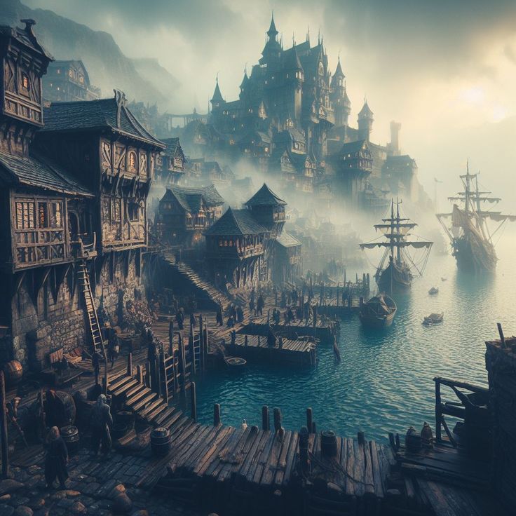 an image of a pirate town in the middle of the ocean with ships on it