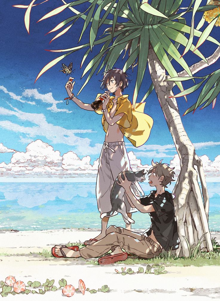 an anime scene with two people sitting under a tree and one person holding a butterfly