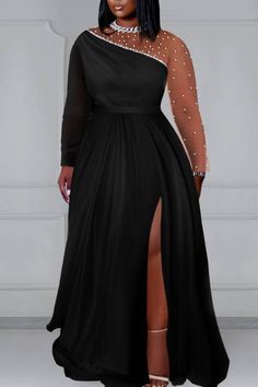 Prom Dresses With Sleeves Long, Black Prom Dress Plus Size, Duct Tape Prom Dress, Black Dress With Pearls, Plus Size Black Dresses, Beautiful Black Dresses, All Black Dresses, Prom Dress Plus Size, Plus Size Prom